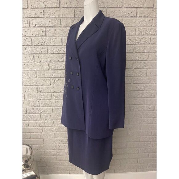 Kasper ASL Women Double Breasted Embroidered Skirt & Jacket 2 Pcs Suit Set Size - Picture 3 of 12